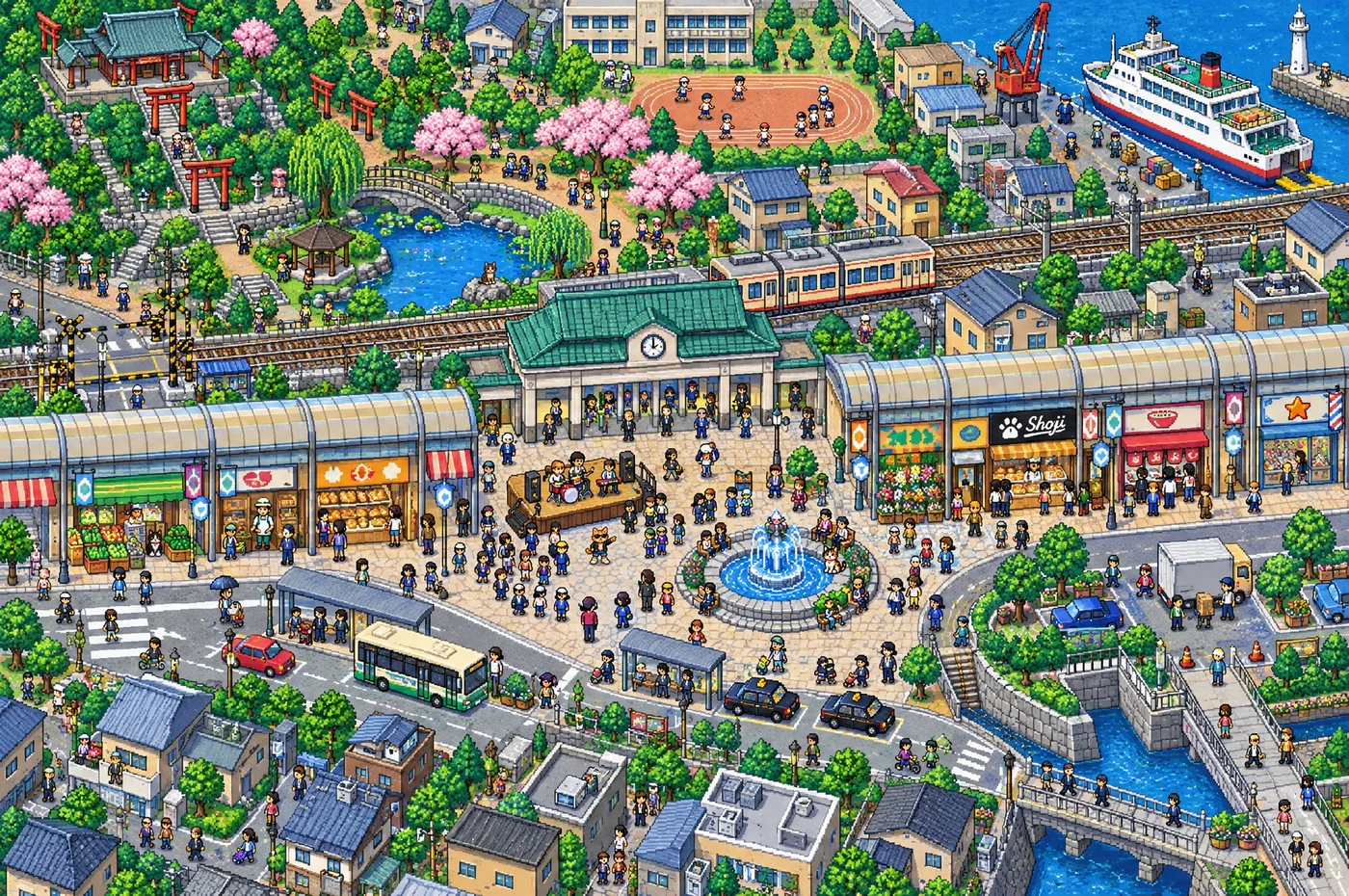 16-bit 像素风车站小镇找猫图，示例 1